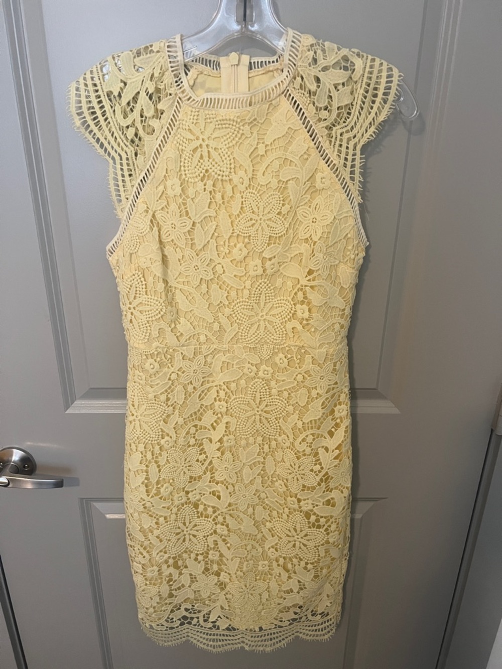 Yellow Floral Lace Sheath Dress with High Neck